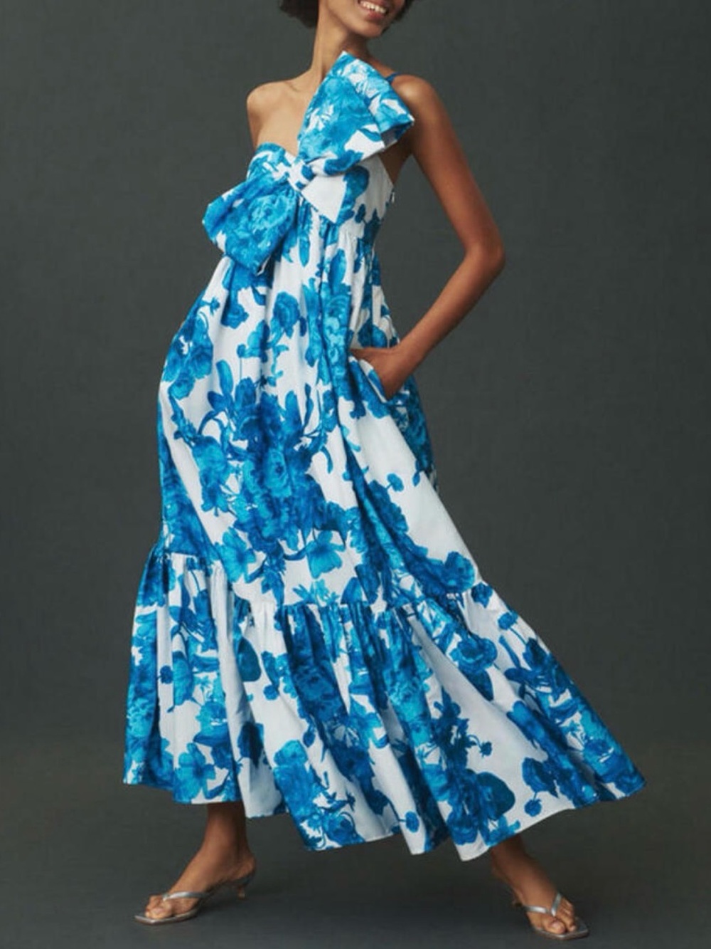 Anthropologie Blue Floral One-Shoulder Maxi Dress